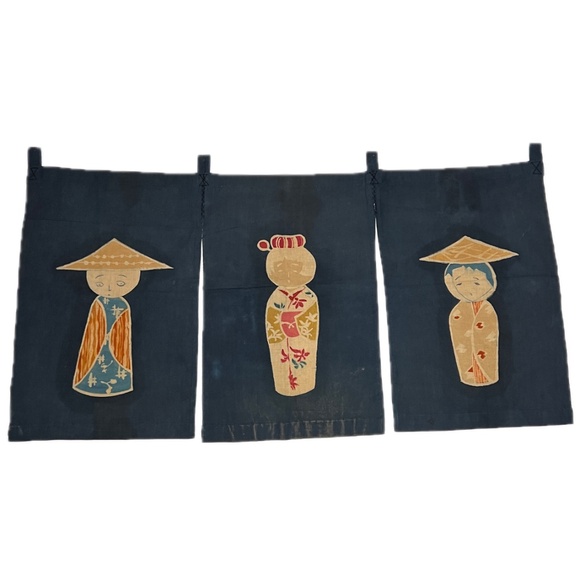 Vintage Noren Japanese Door Curtain Figures Dolls Navy Blue Traditional Textile